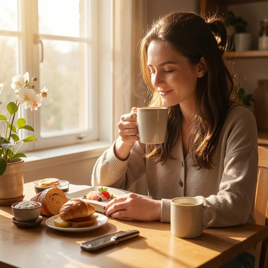 Person enjoying a balanced morning routine with sunlight