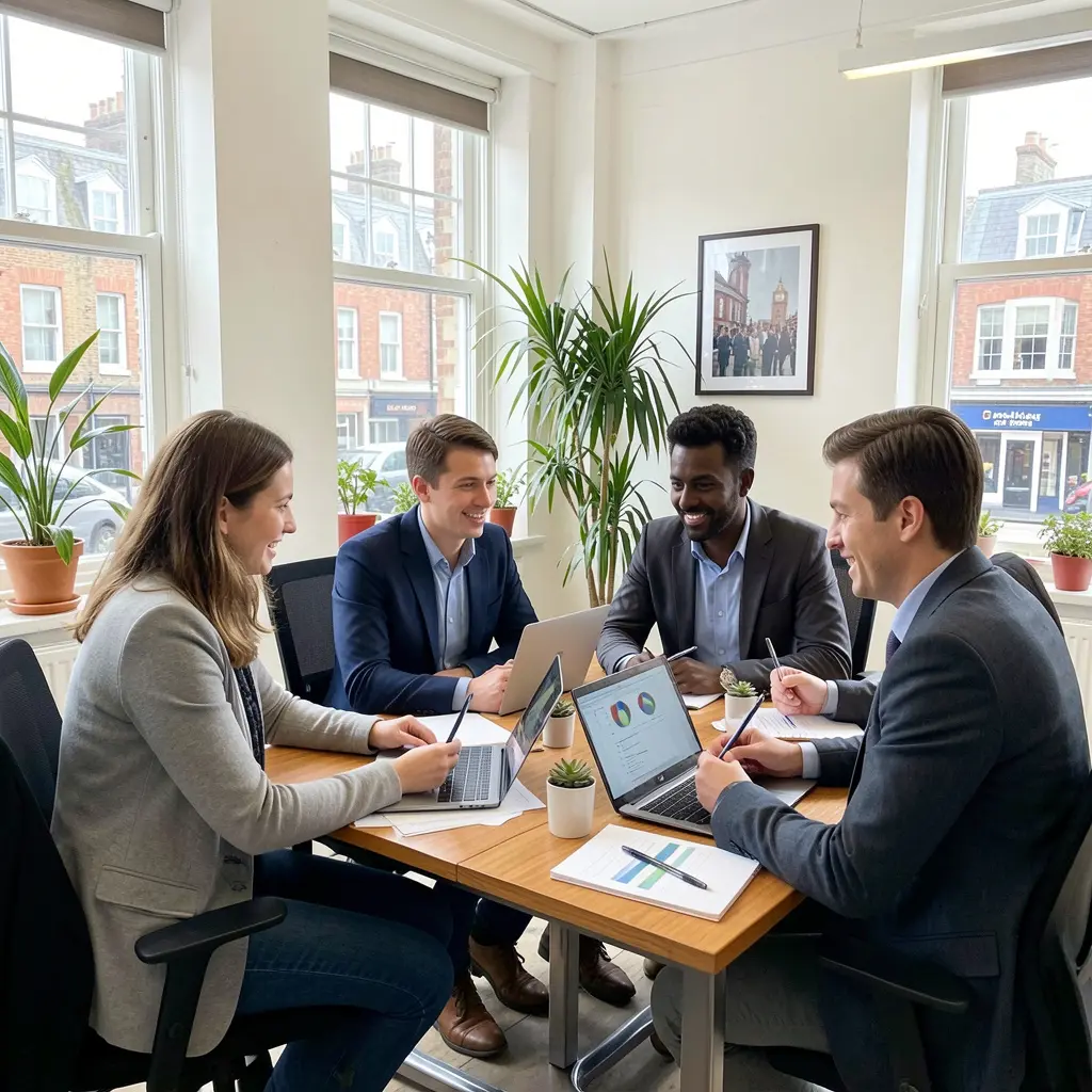 Collaborative team working together in a bright London office